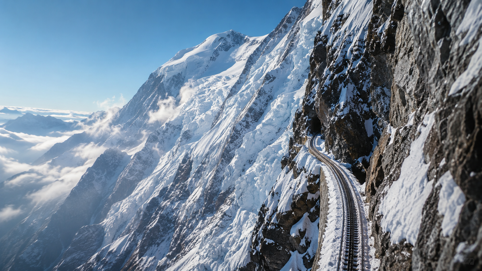 Massif du Mont-Blanc enneige avec glacier et une fine voie ferree a cremaillere sur une pente raide