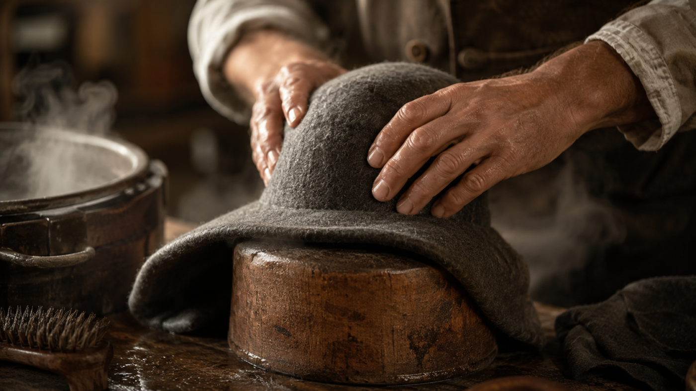 Des mains façonnent un feutre sur une forme a chapeau en bois dans un atelier de chapellerie