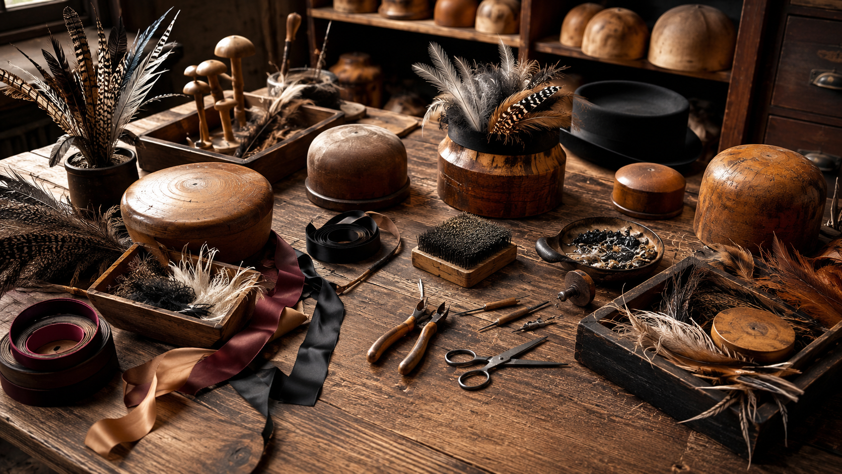 Un établi de modiste couvert de formes à chapeau en bois, de rubans et de plumes