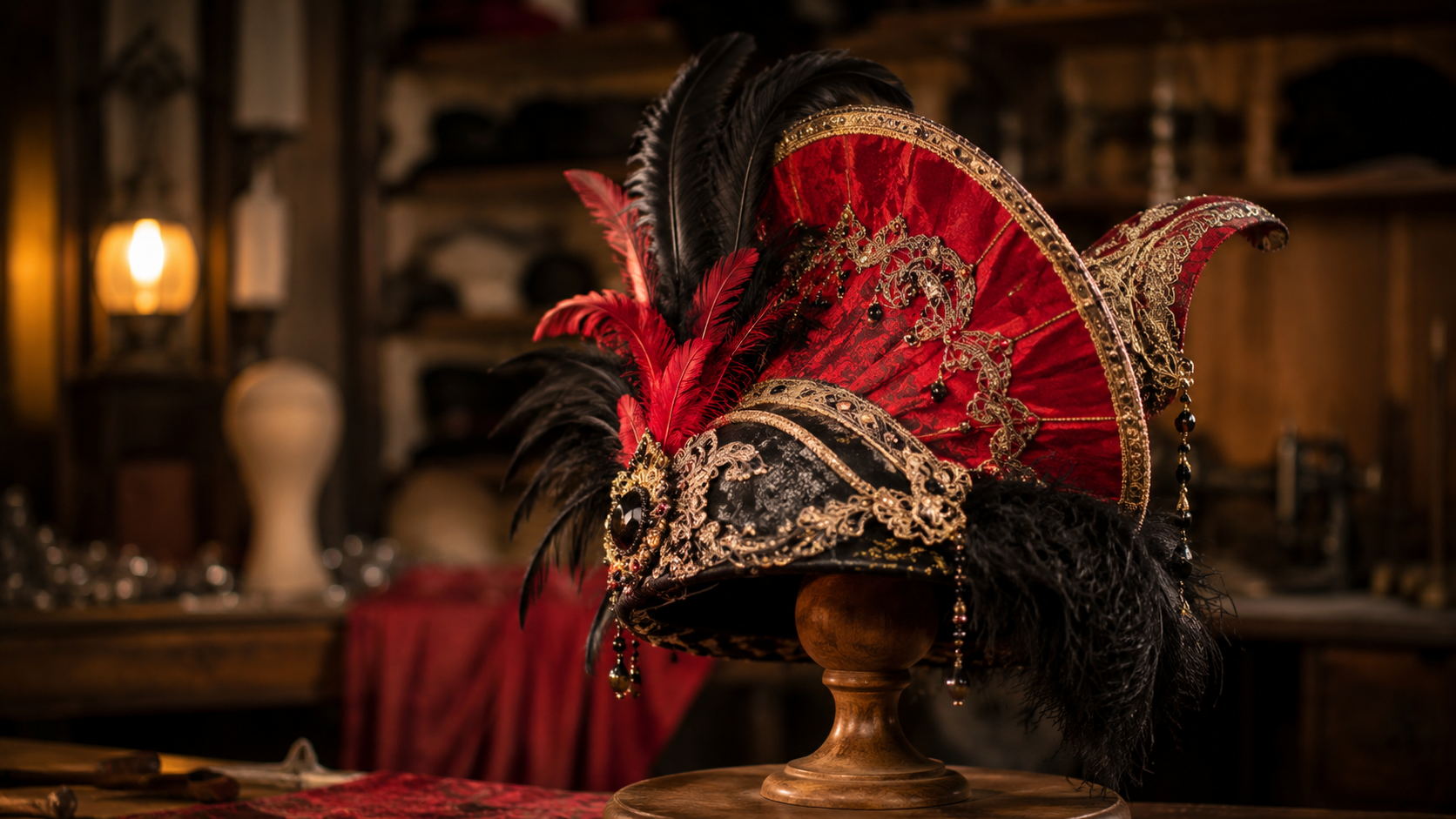 Un chapeau d'opéra ouvragé posé sur un présentoir en bois dans un atelier