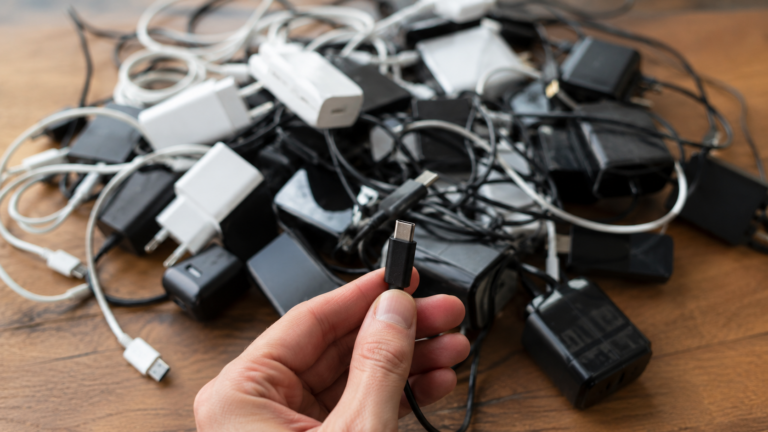 Un enchevêtrement de câbles et de blocs secteur dépareillés sur une table, un connecteur USB-C tenu au premier plan