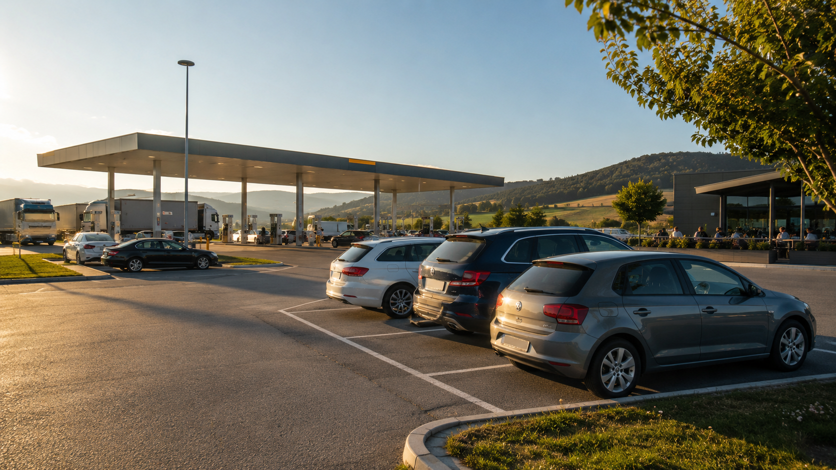 Aire de repos d'autoroute avec voitures à l'arrêt en été