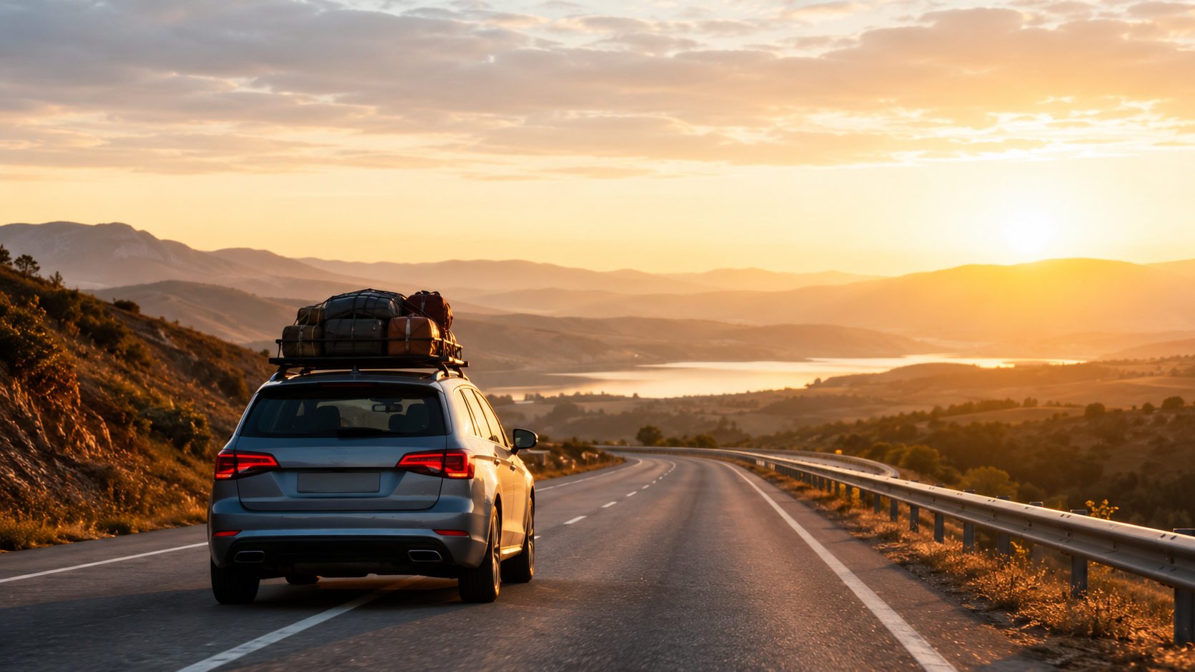 Voiture familiale chargée de bagages sur une route dégagée au lever du jour