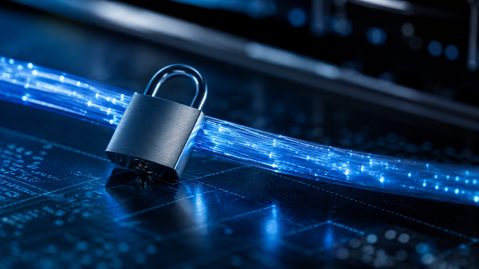 Cadenas métallique posé sur un fil de données numériques lumineux