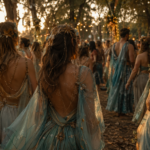 Des festivaliers déguisés en silhouettes vaporeuses avancent dans une clairière boisée au crépuscule, vus de dos.