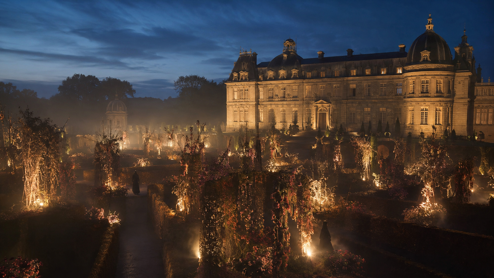 Un château historique de nuit transformé en labyrinthe de lumières et d'installations florales éphémères.