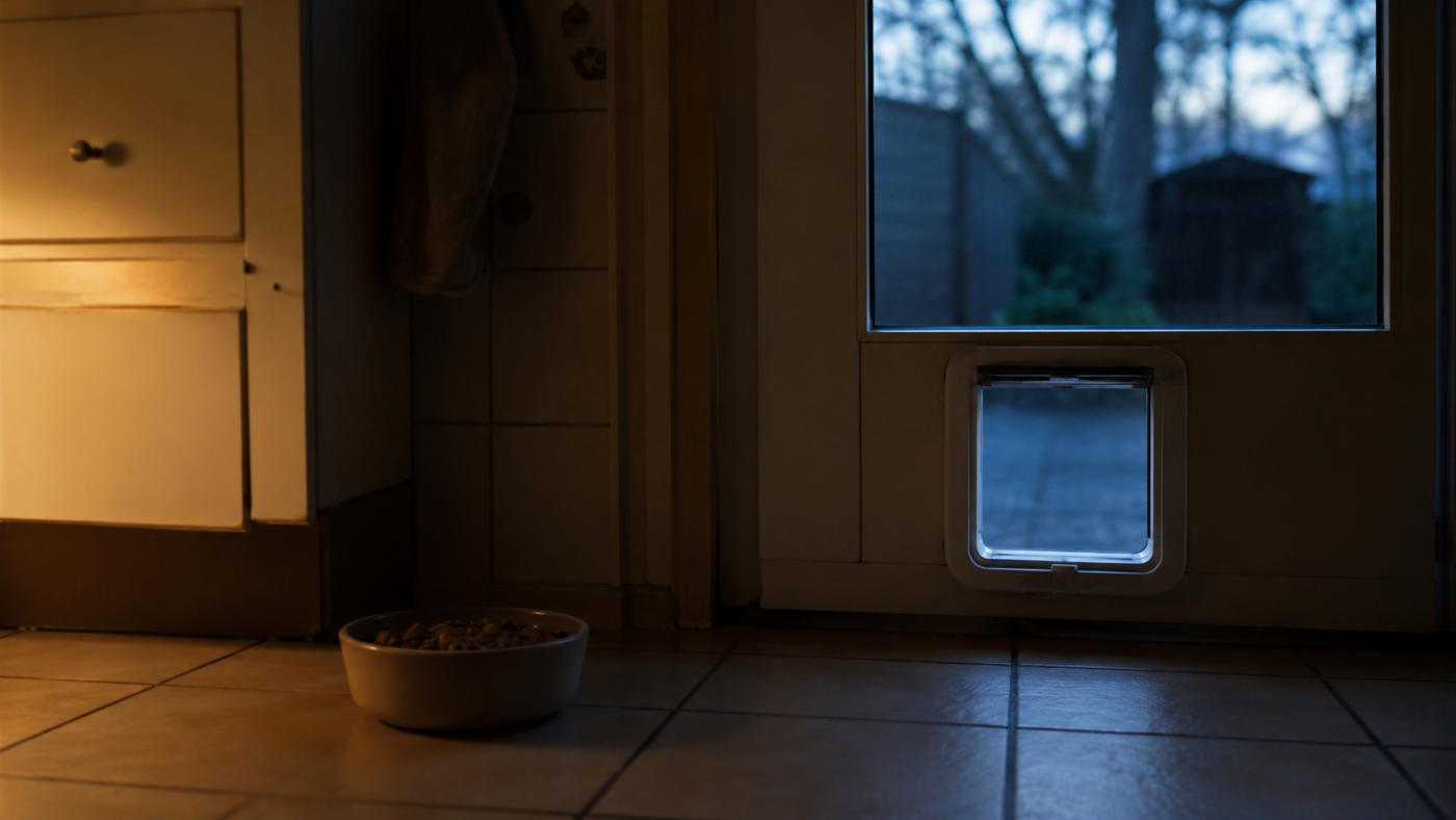 Une chatière vide dans une porte au crépuscule, vue depuis une cuisine, avec une gamelle pleine et intacte sur le carrelage