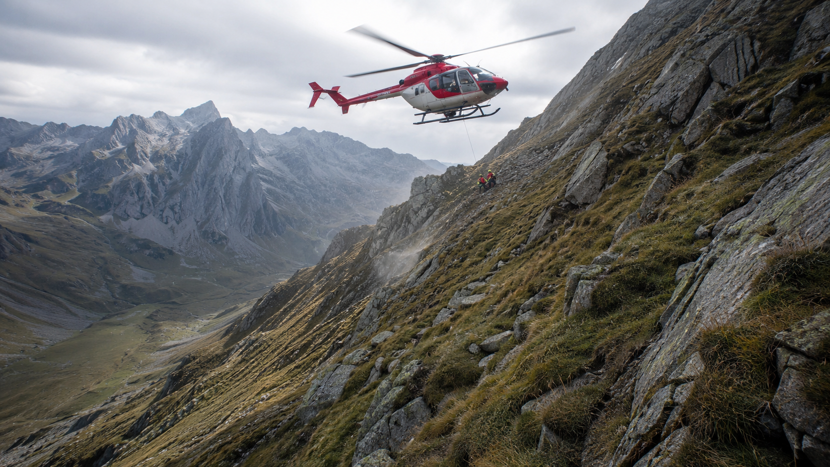 Un hélicoptère de secours en vol stationnaire au-dessus d'un versant montagneux raide et rocheux des Pyrénées