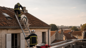 Des sapeurs-pompiers, vus de dos, font descendre une chèvre d'un toit à l'aide d'une grande échelle dans une petite ville