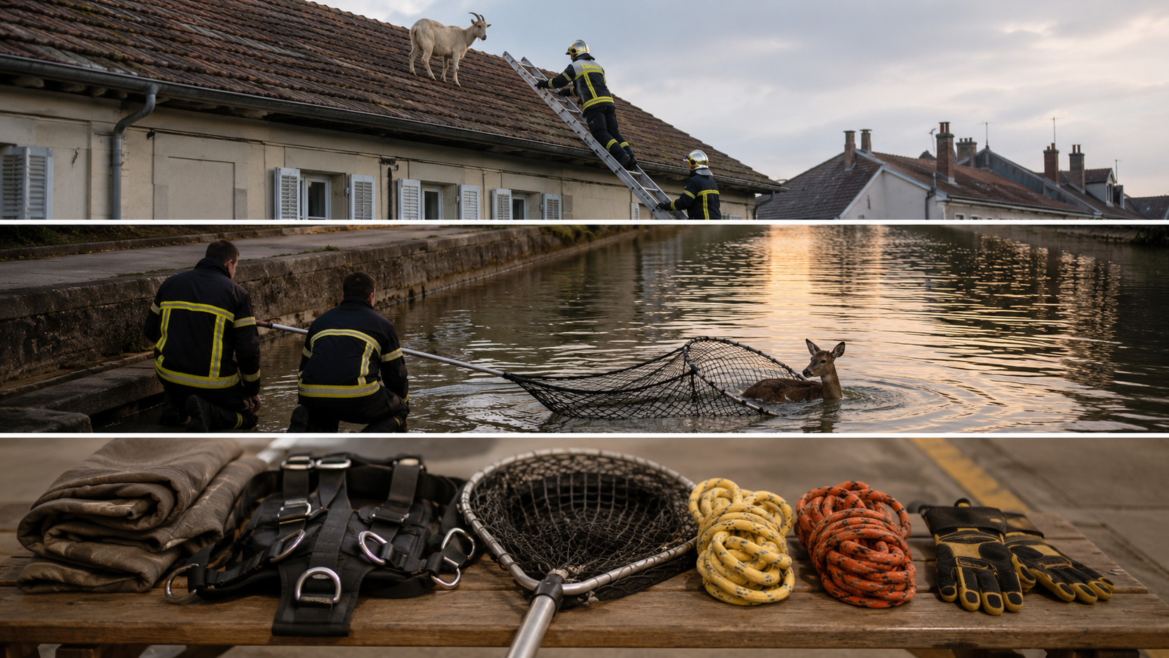 Des pompiers vus de dos guident un chevreuil apeuré hors d'un canal à l'aide d'un filet, au crépuscule