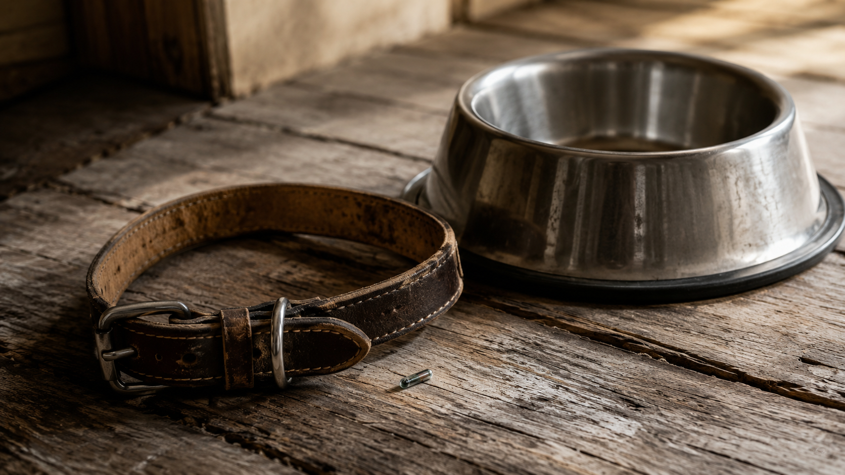 Collier de chien en cuir usé enroulé près d'une gamelle en inox vide, posés sur des planches de bois