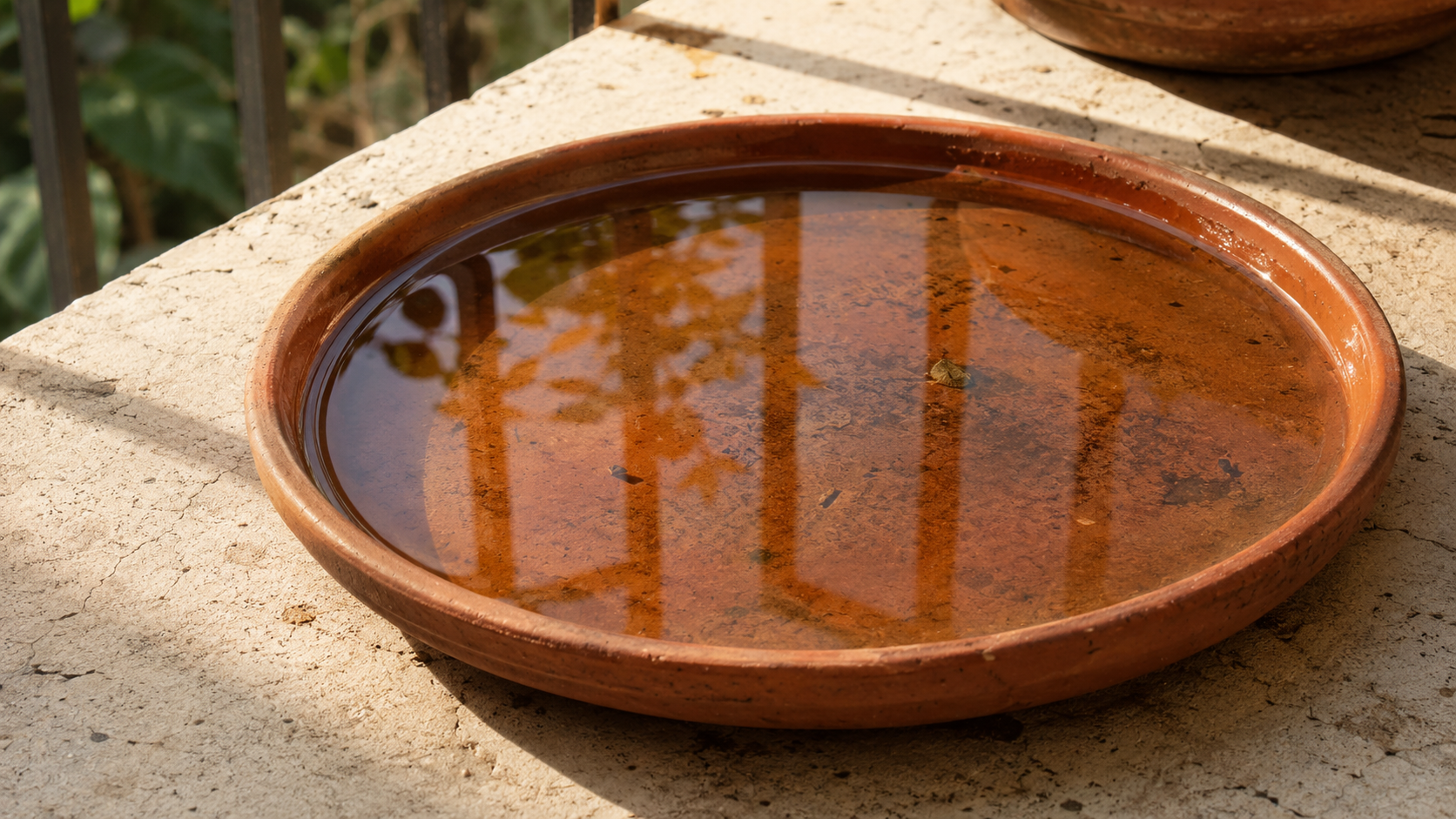 Soucoupe de pot en terre cuite avec de l'eau stagnante au soleil