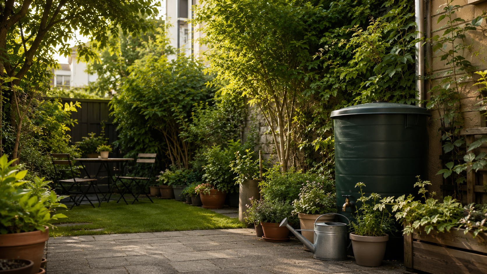 Un petit jardin urbain d'été avec pots, arrosoir et récupérateur d'eau couvert