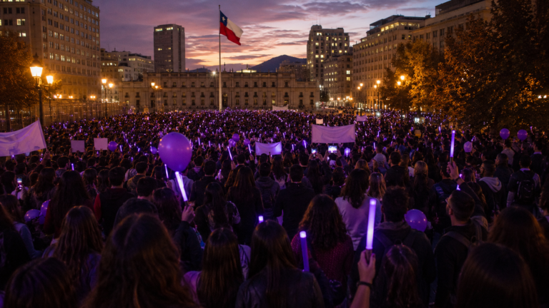 Une foule de fans vue de dos sur une place sud-américaine, brandissant des lightsticks lumineux et des ballons violets à la tombée du jour