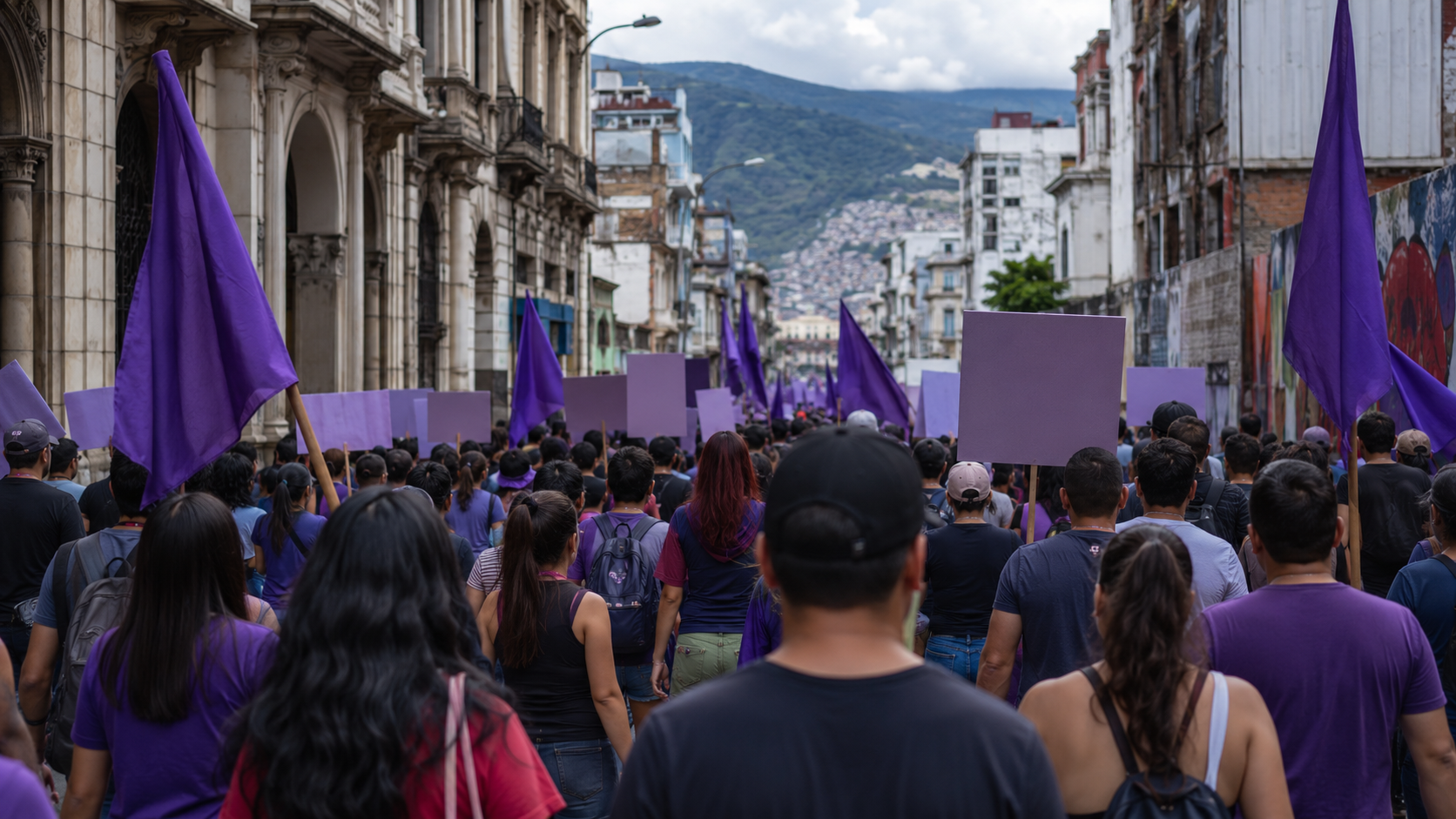 Un cortège de fans vus de dos dans une rue, agitant des drapeaux violets unis et des pancartes vierges
