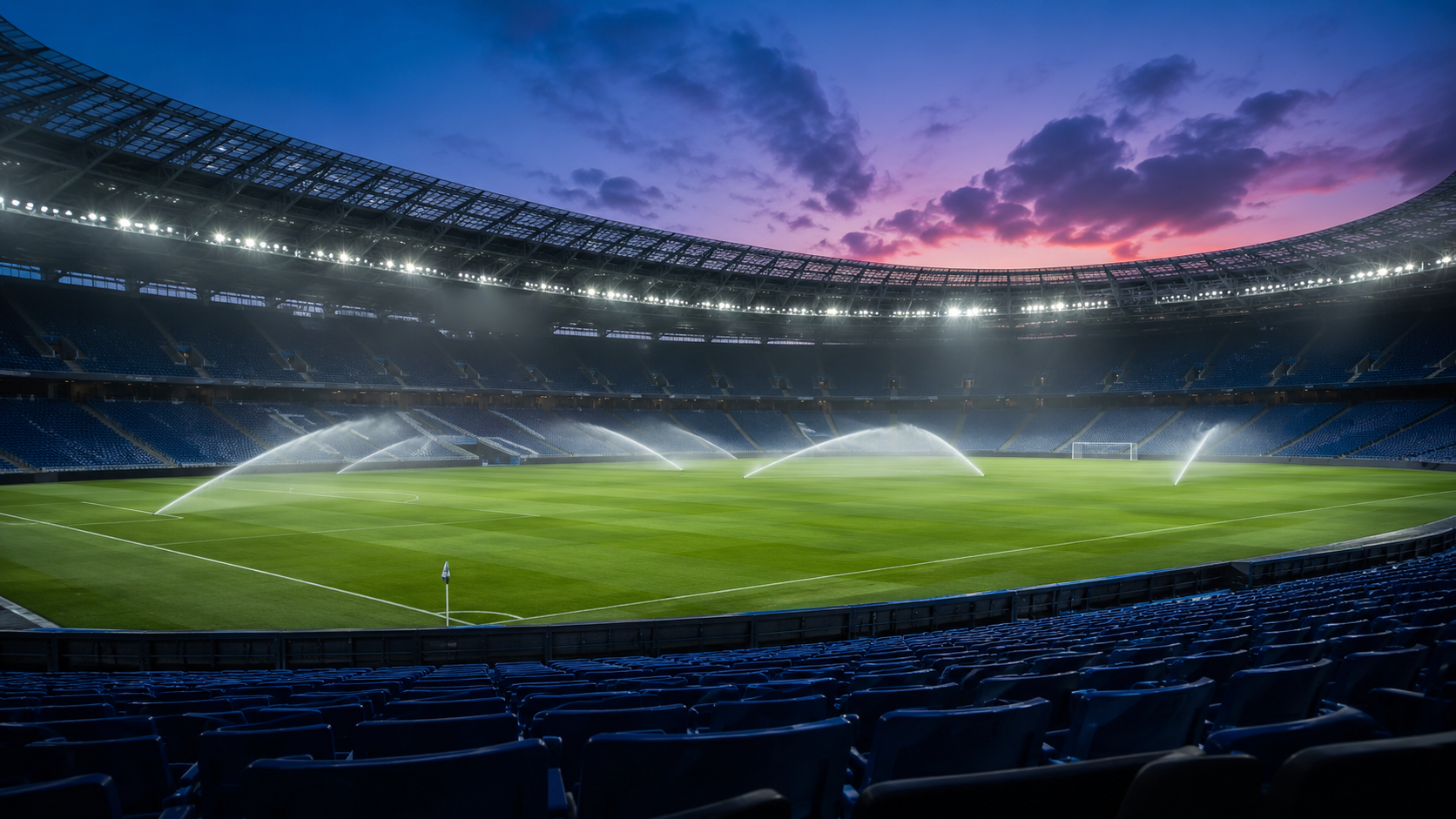 Un grand stade de football vide au crépuscule, arroseurs automatiques en action sur une pelouse verte sous les projecteurs