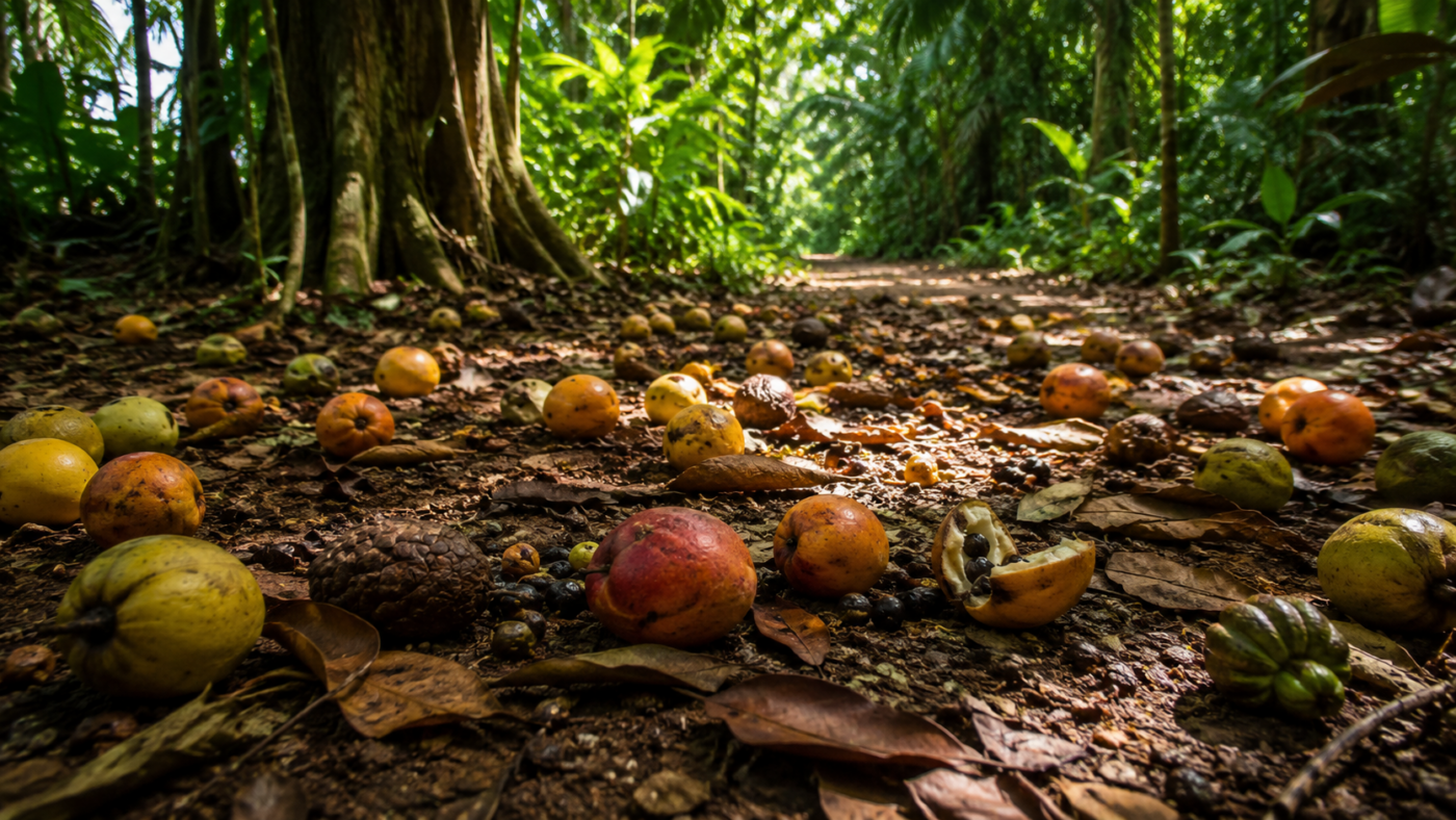 Sol d'une clairière de forêt tropicale au petit matin, fruits mûrs épars sur la terre nue, lumière filtrée par la canopée