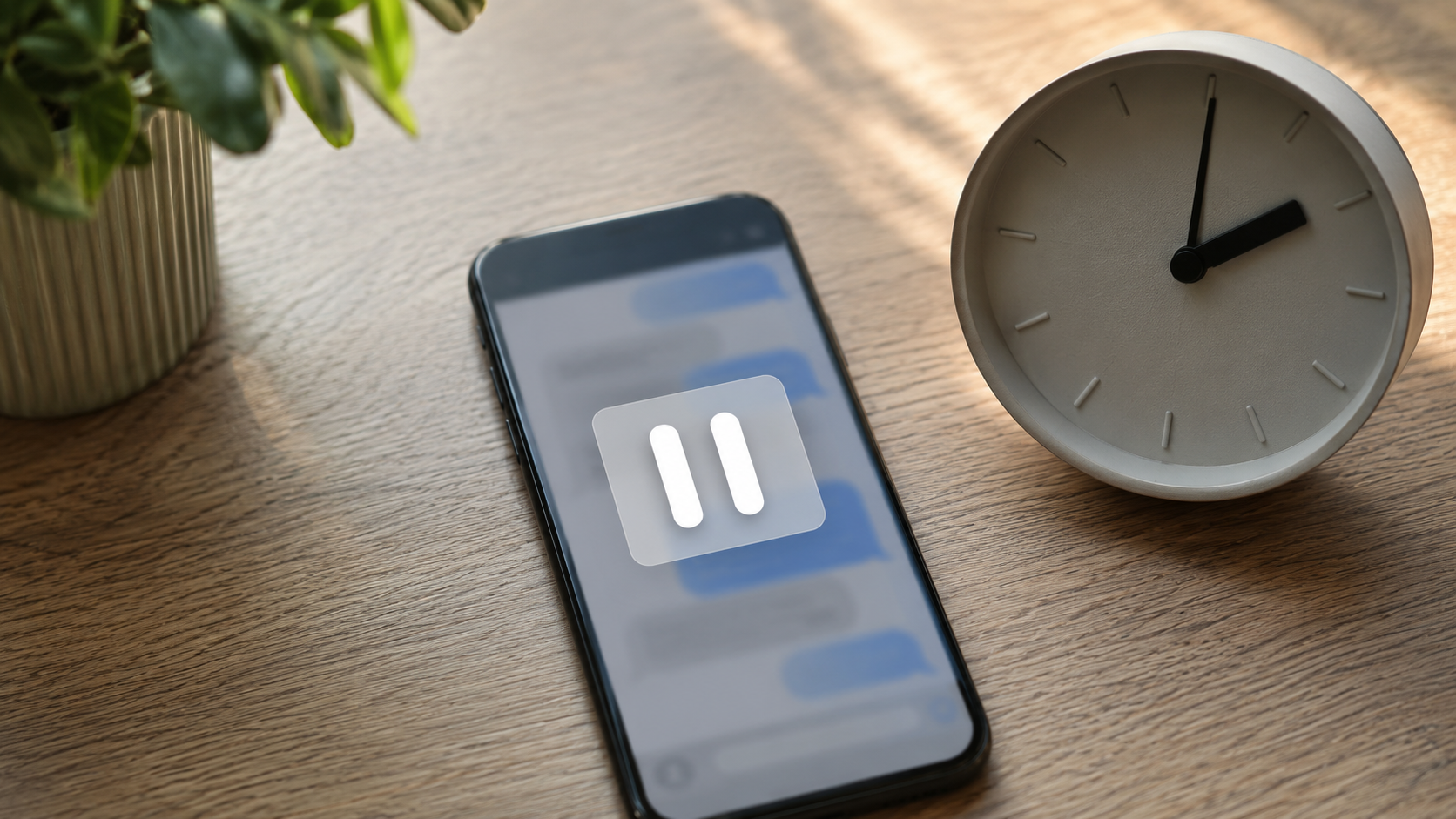 Un smartphone posé sur une table, une fenêtre interrompant une conversation, une horloge à côté