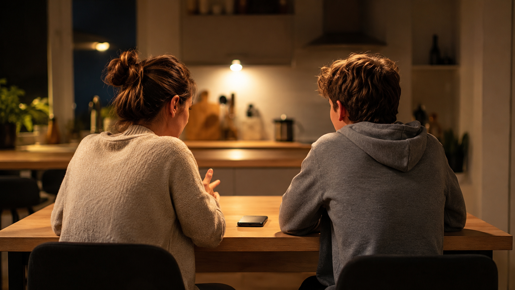 Un parent et un adolescent à la table de la cuisine, un téléphone posé face contre la table