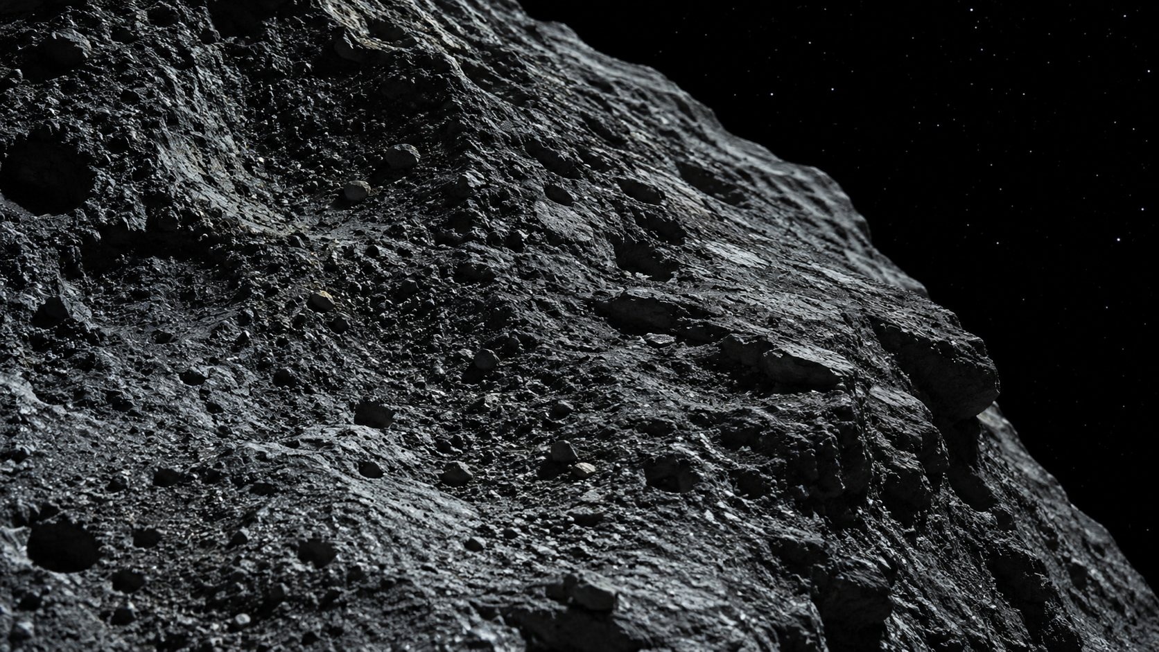 Surface grise, rugueuse et cratérisée d'un petit astéroïde sur fond d'étoiles