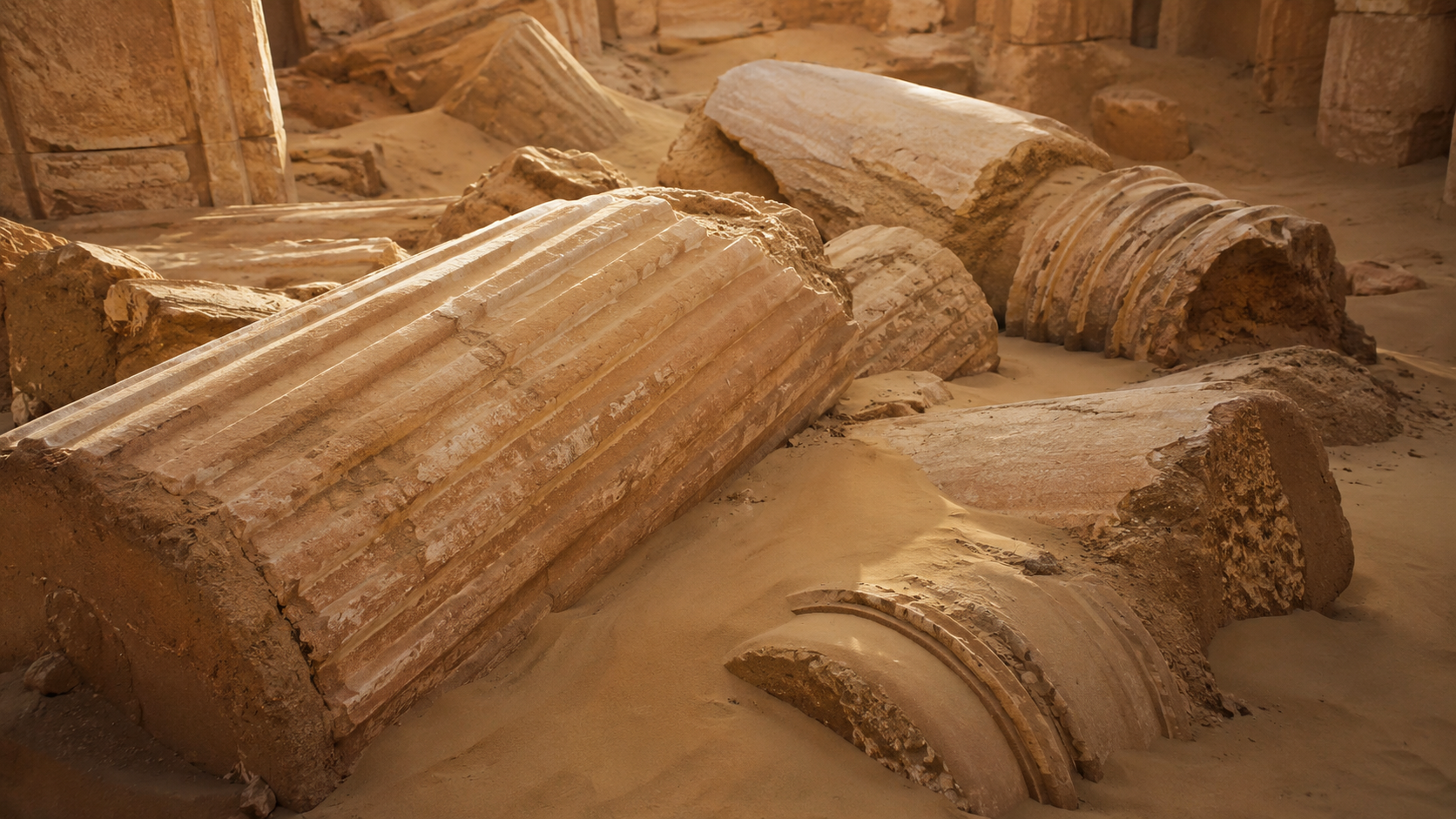 Colonnes brisees d'une basilique antique ensablee dans le desert