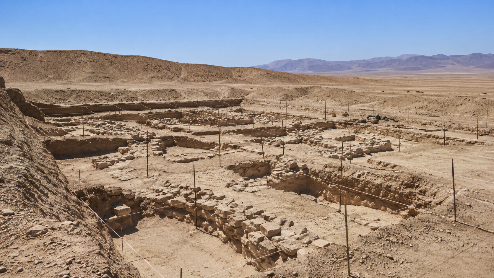 Site de fouille archeologique dans le desert quadrille de cordes et de piquets, sans personne