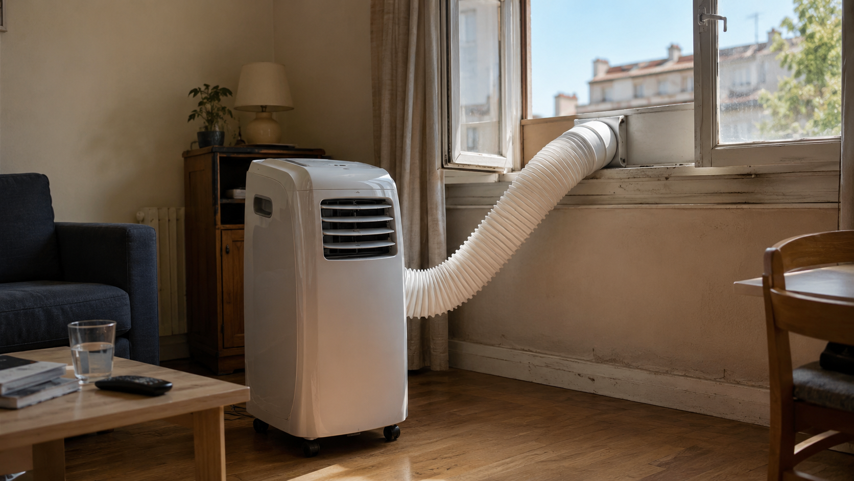Un climatiseur mobile sur roulettes près d'une fenêtre dans un salon d'appartement, gaine d'évacuation calée