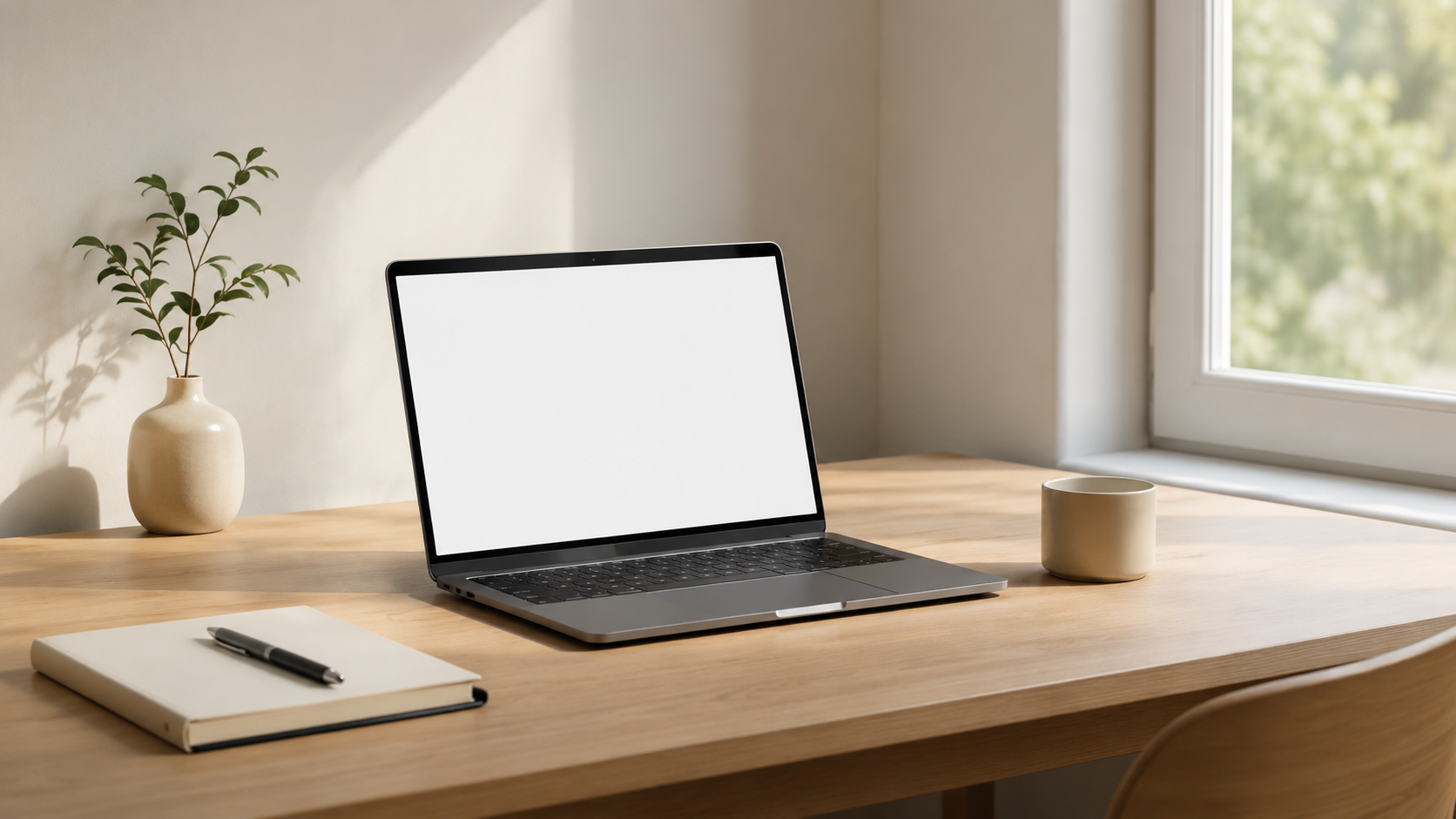 Poste de travail épuré avec un ordinateur portable à l'écran clair et vide