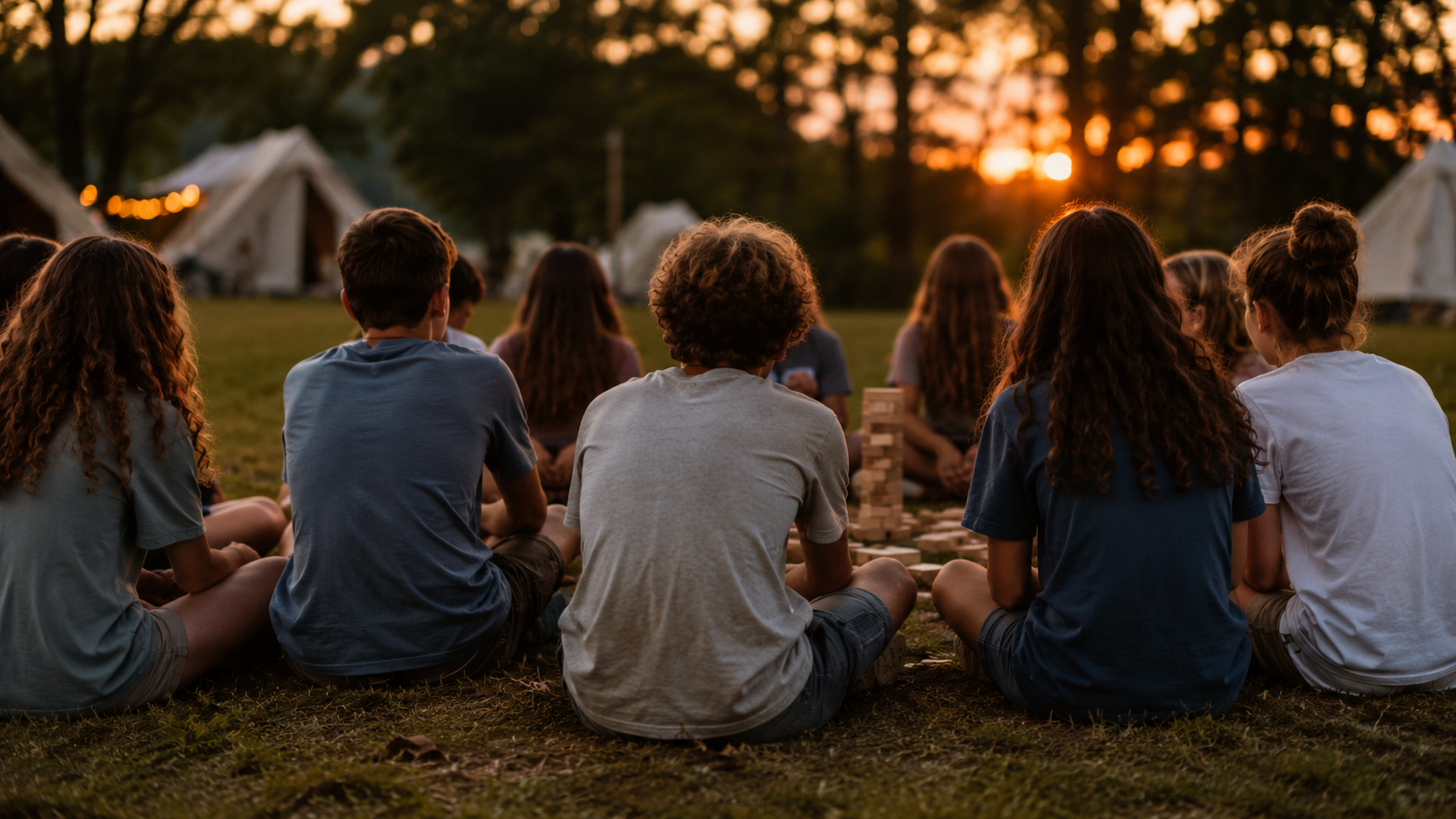 Des adolescents vus de dos, assis en cercle dans l'herbe autour d'un jeu collectif au crépuscule