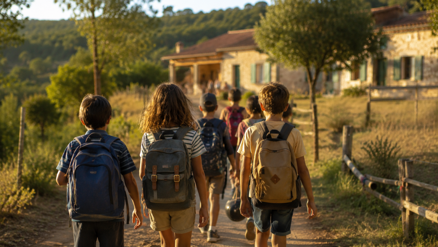 Groupe d'enfants avec sacs à dos marchant vers un bâtiment de colonie de vacances en pleine nature