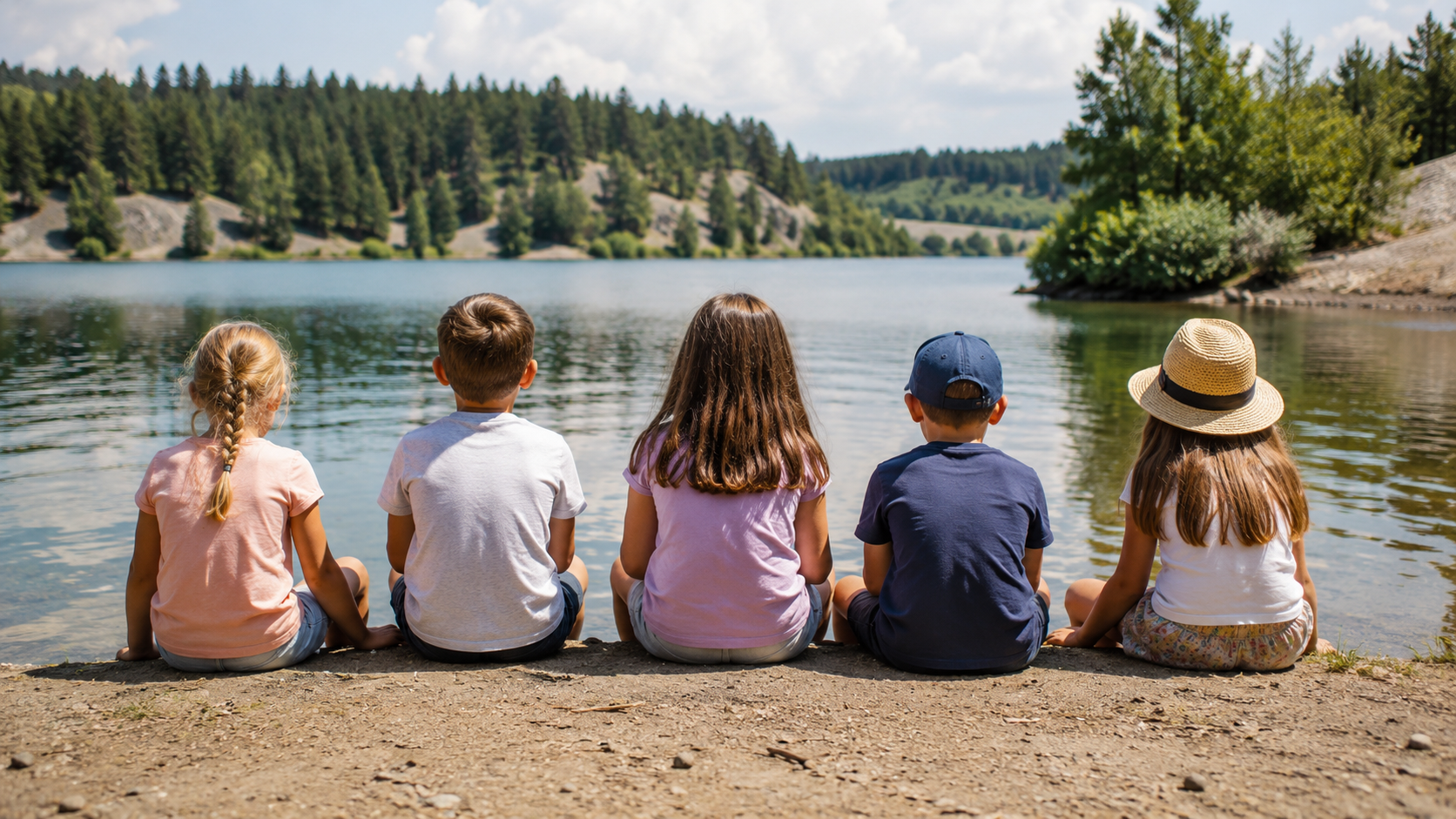 Enfants vus de dos au bord d'un lac lors d'un séjour collectif de plein air