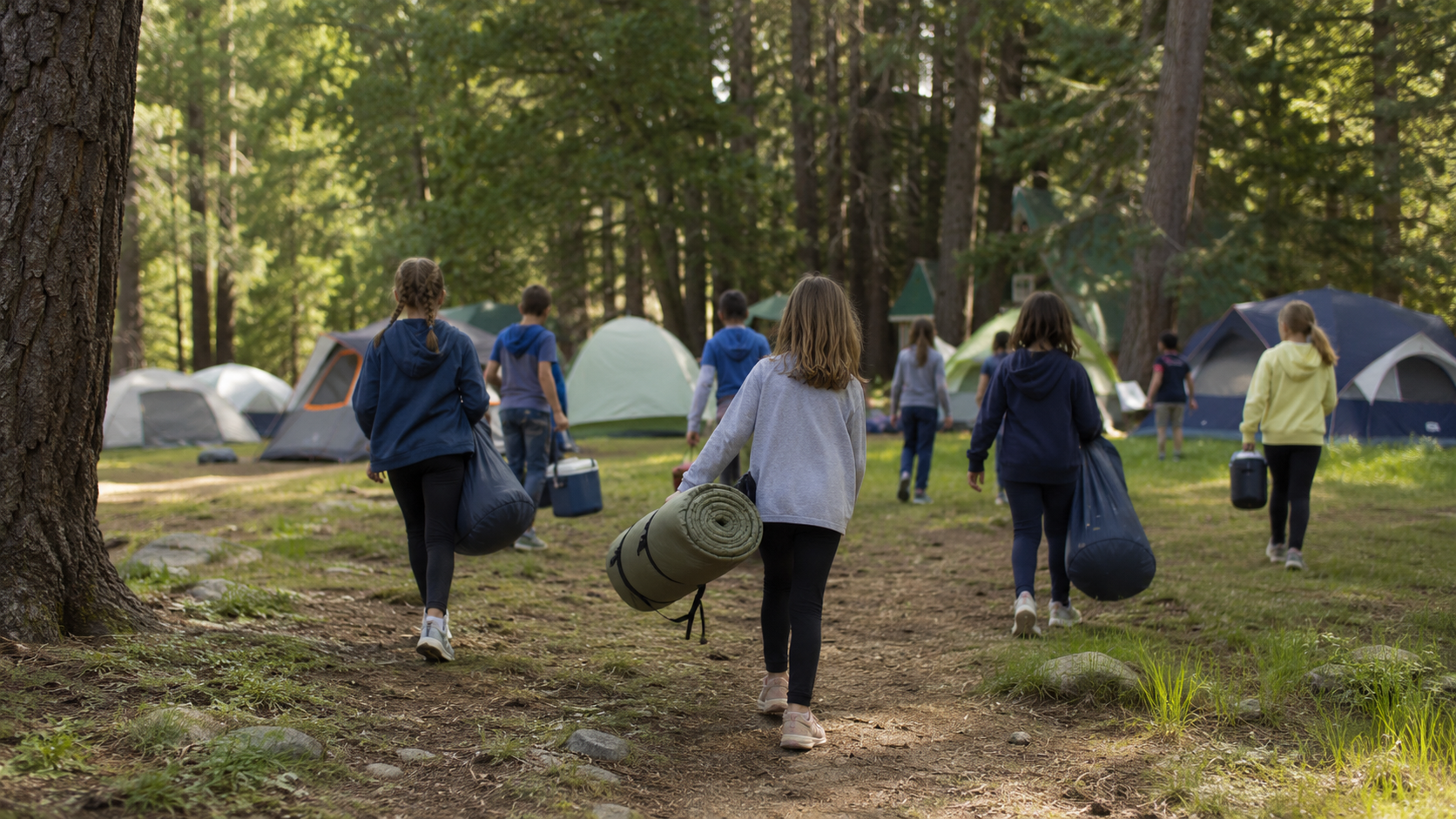 Campement de tentes en forêt avec enfants vus de dos installant une activité de plein air