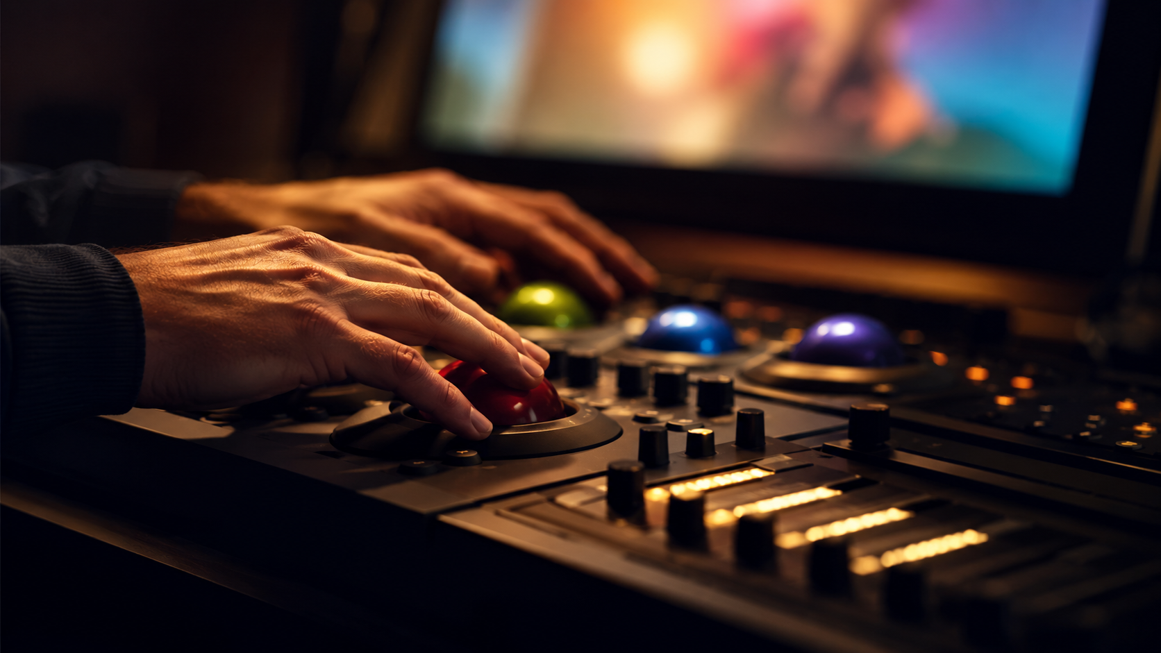 Des mains sur une console d'etalonnage, sur des trackballs colores et des faders illumines