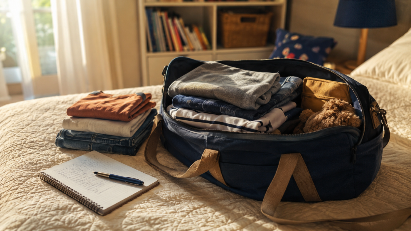 Un sac de colonie de vacances pret sur un lit d'enfant, avec une liste manuscrite a cote