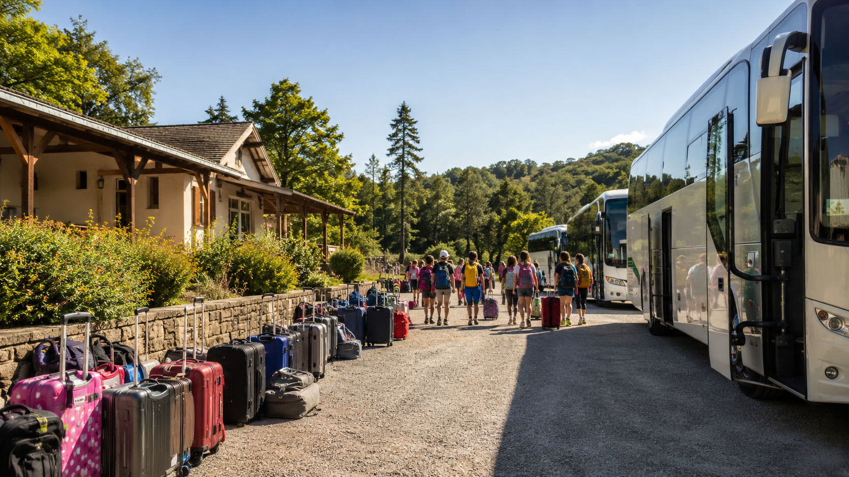 Des cars gares devant un centre de vacances, bagages alignes, silhouettes lointaines d'enfants de dos