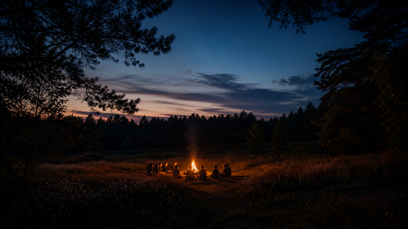 Un feu de camp au crepuscule vu de loin, silhouettes lointaines d'enfants rassembles autour