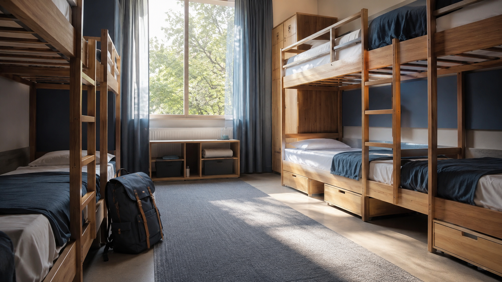 Un dortoir de colonie de vacances vide avec des lits superposés et un sac prêt