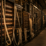 Une longue salle de machines occupée par de hautes baies de lampes à vide incandescentes et des bandes de papier perforé