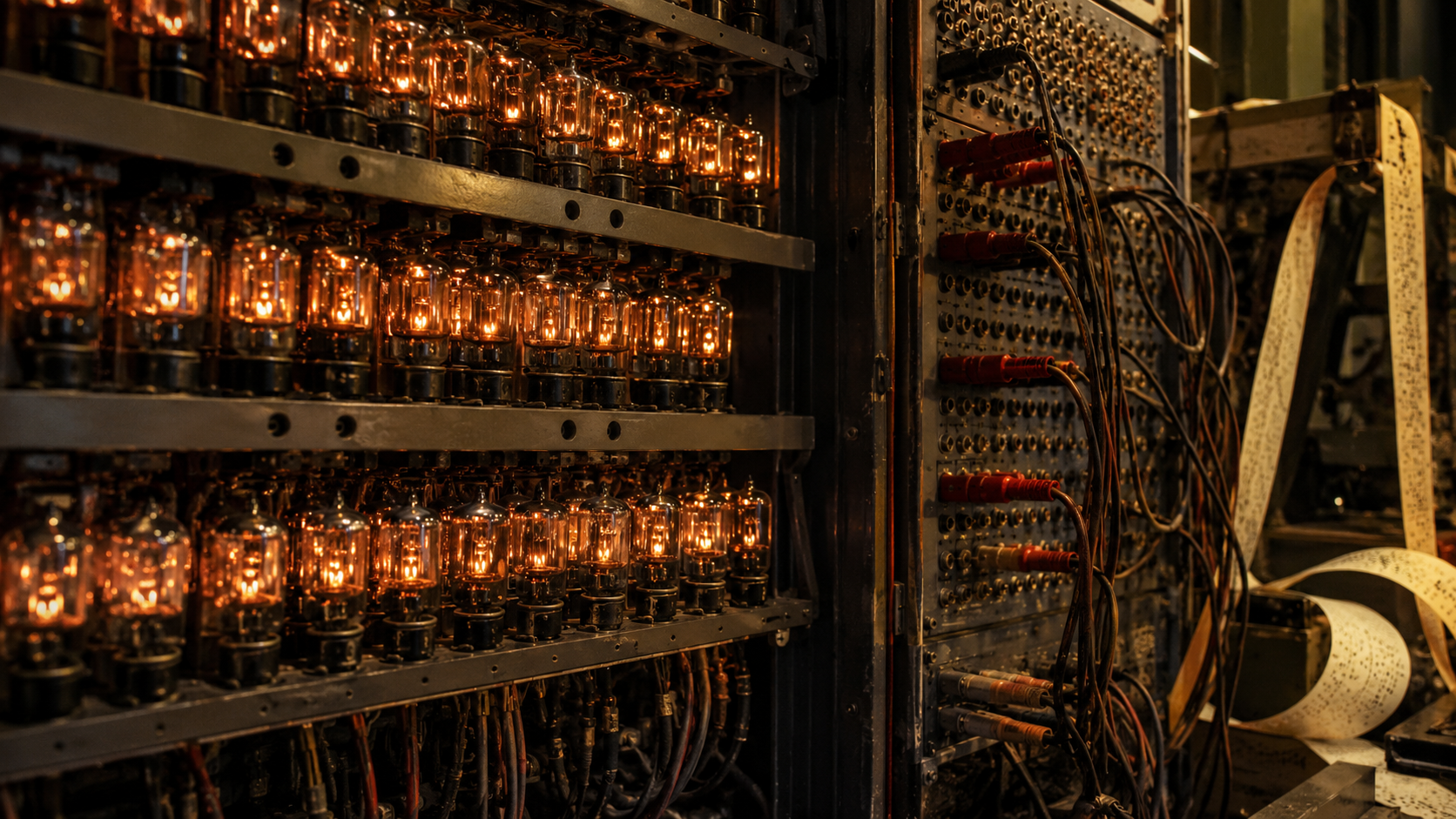 Un mur de lampes à vide incandescentes dans une armoire métallique, à côté d'un tableau de connexion couvert de cordons