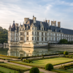 Un grand château Renaissance à tourelles et toits d'ardoise se reflétant dans des douves, entouré de jardins à la française