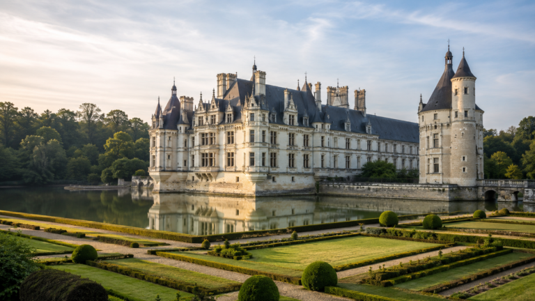 Un grand château Renaissance à tourelles et toits d'ardoise se reflétant dans des douves, entouré de jardins à la française
