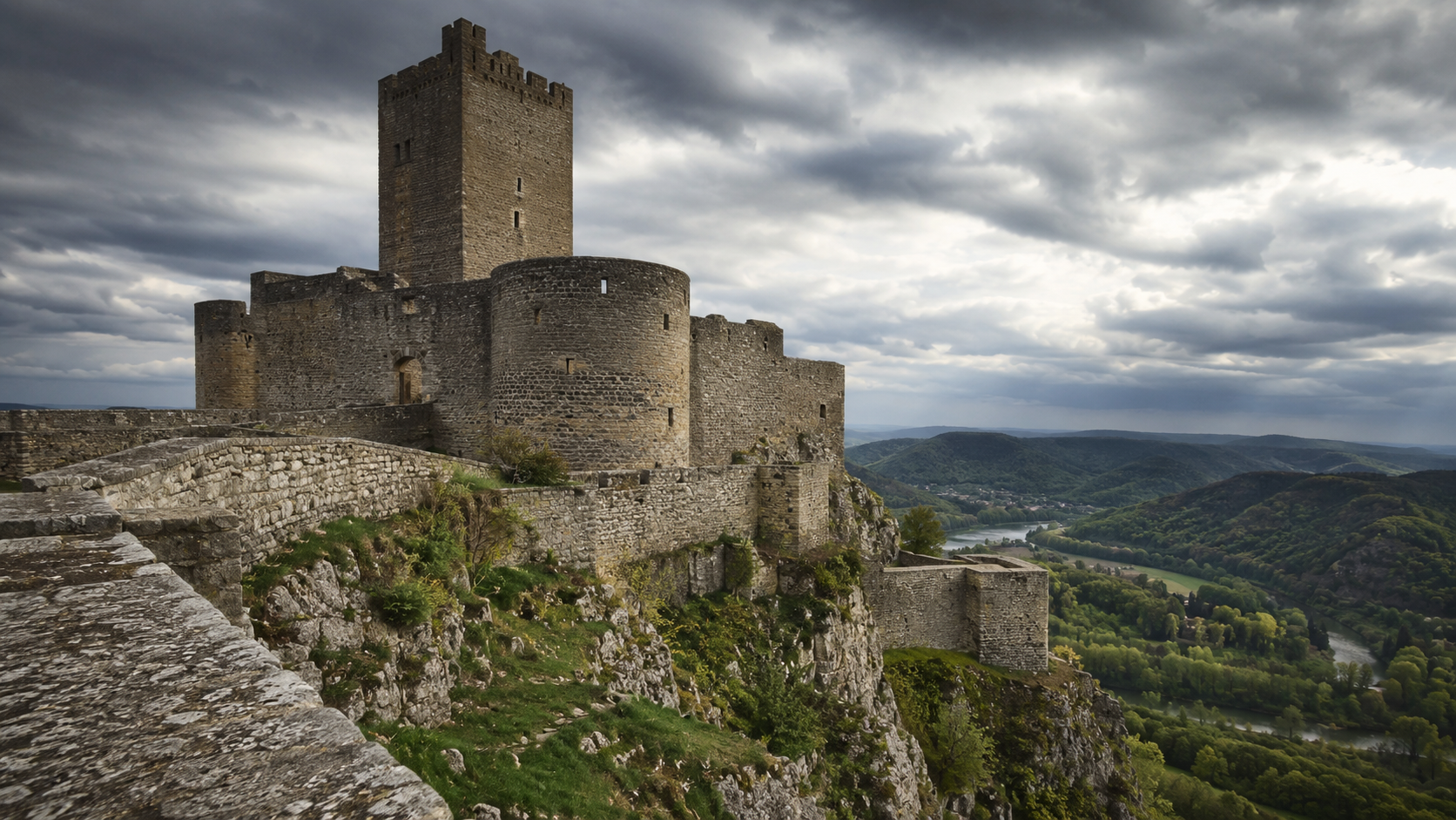 Une forteresse médiévale de sommet aux épais remparts de pierre et au donjon carré, perchée au-dessus d'une vallée verte
