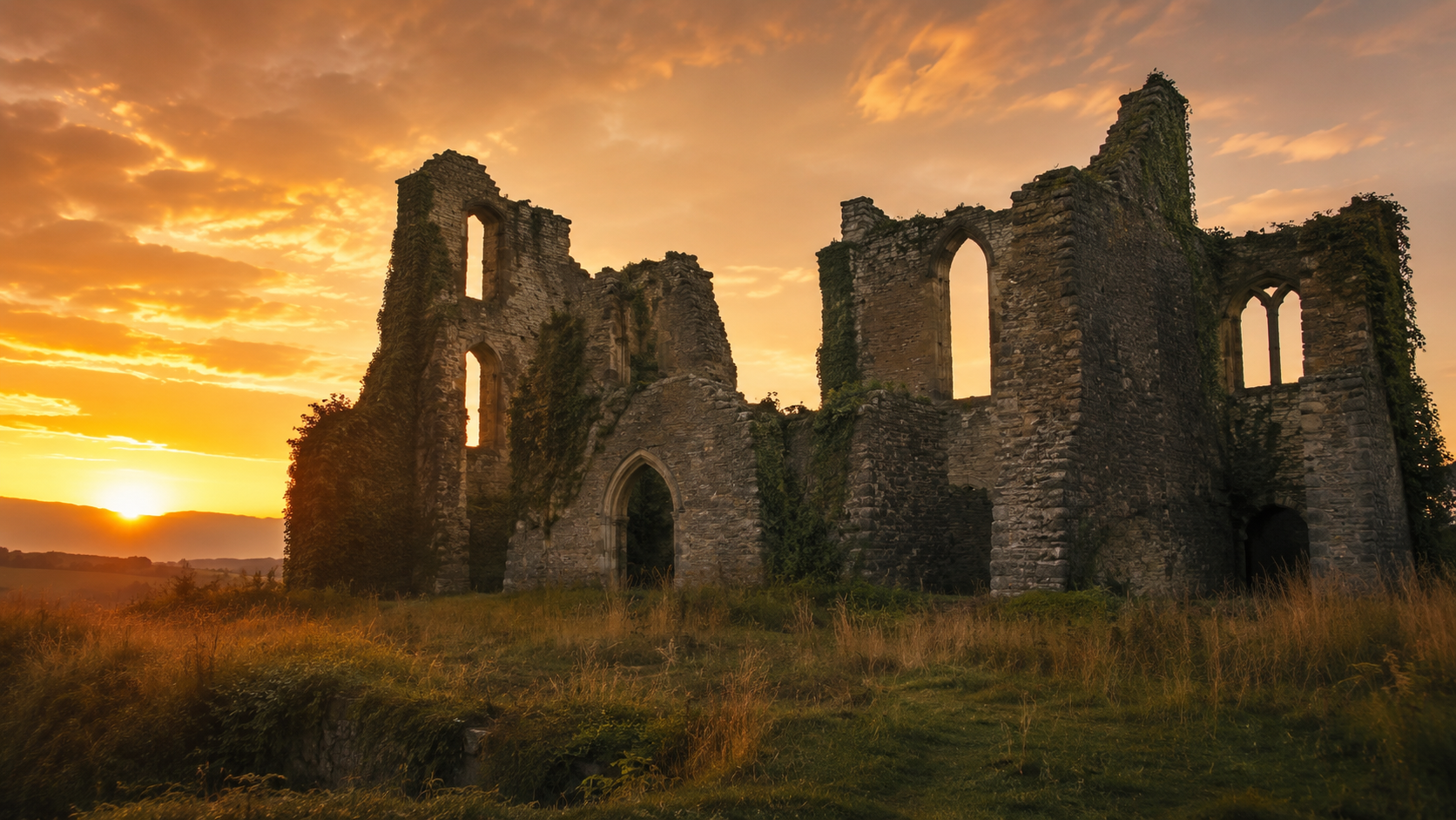 Les ruines de pierre couvertes de lierre d'un vieux château au crépuscule, murs sans toit et arches de fenêtres vides