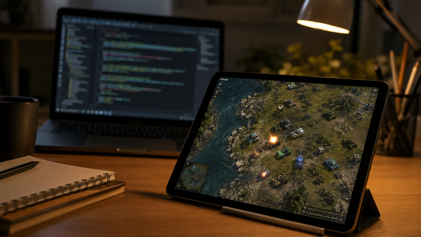 Un poste de développeur avec du code sur un ordinateur portable et un jeu de stratégie sur une tablette