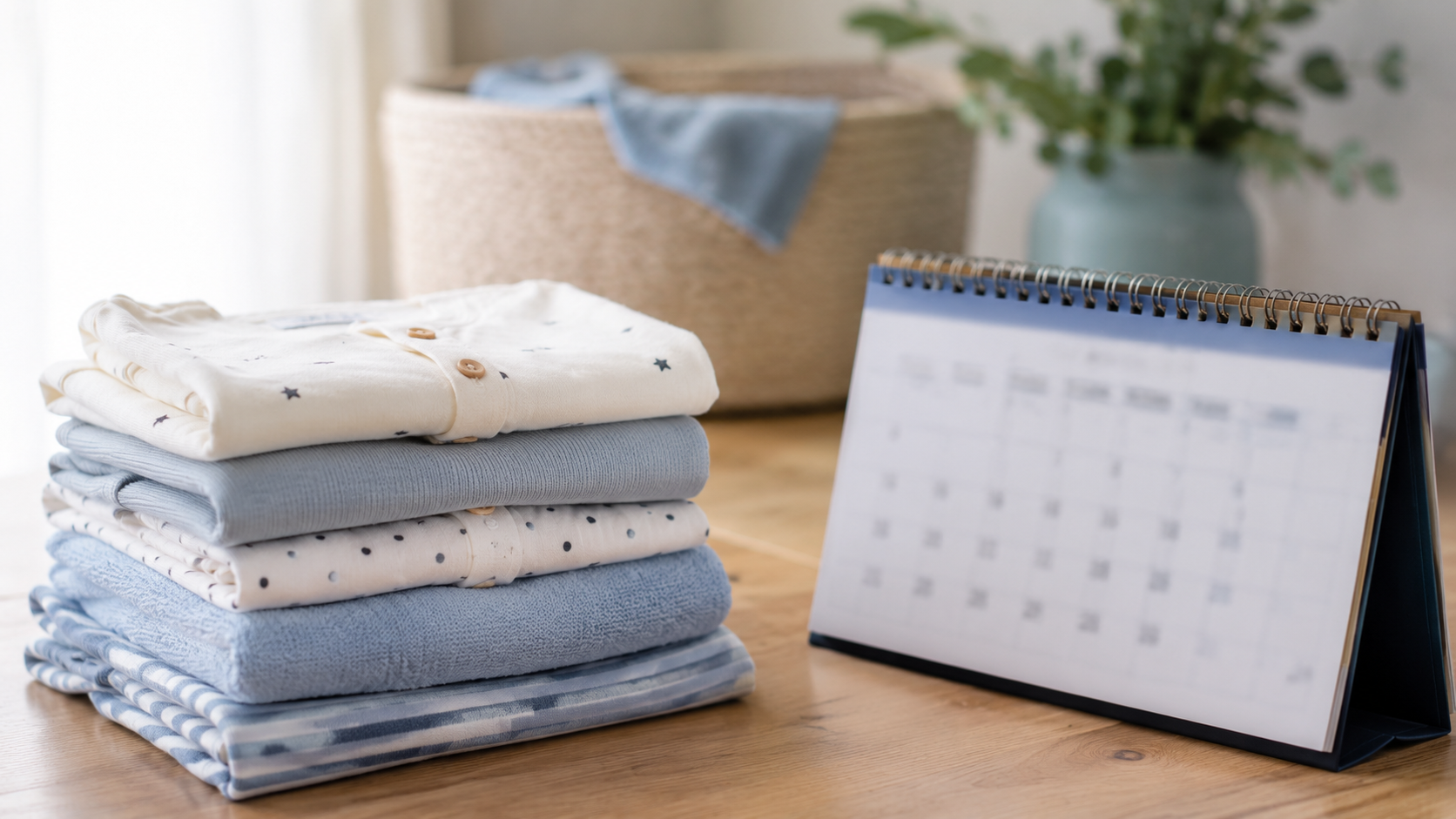 Vêtements de bébé pliés posés à côté d'un calendrier papier sur une table en bois