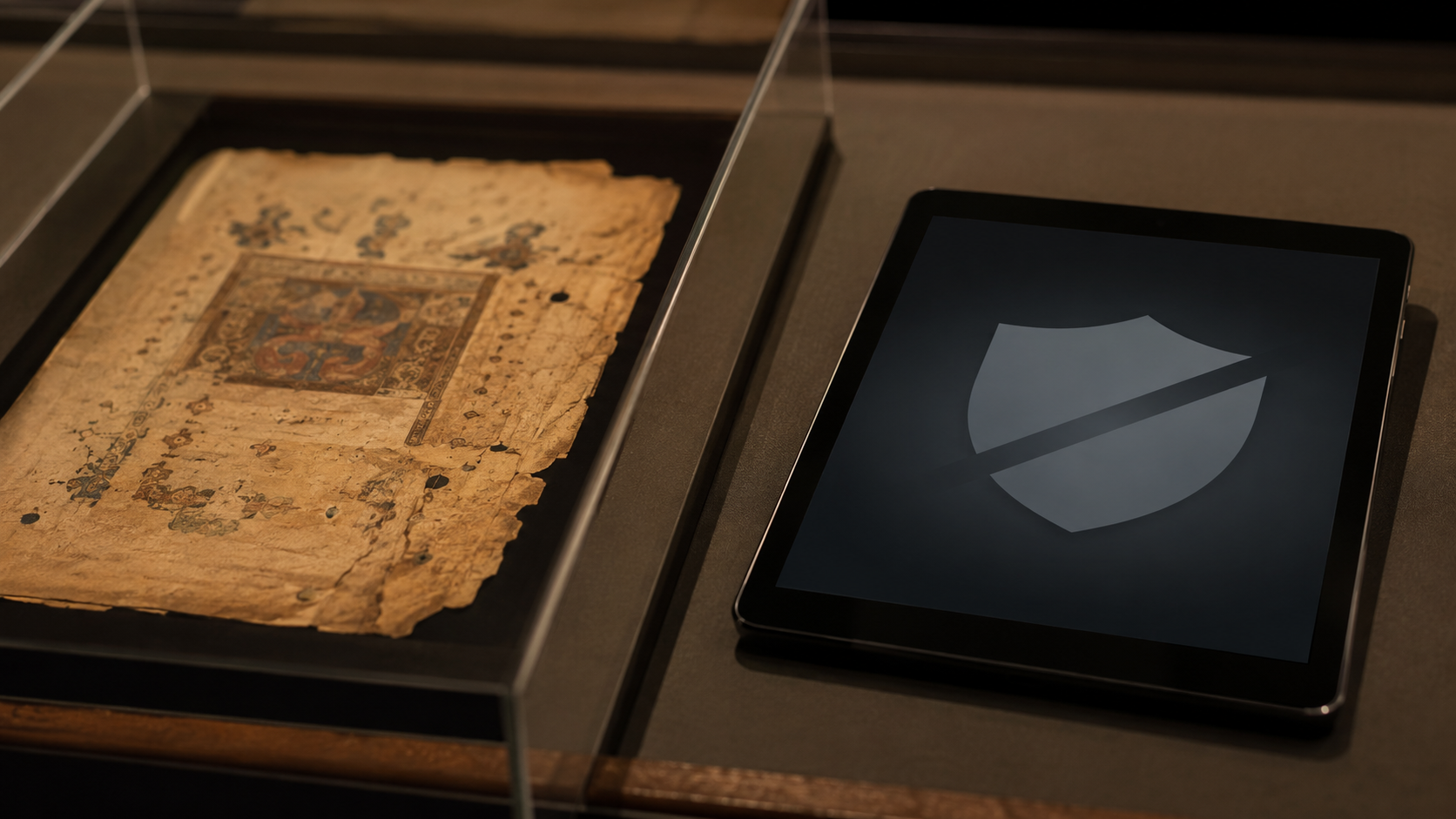 Une page de manuscrit ancien sous vitrine à côté d'une tablette affichant un panneau d'accès bloqué abstrait