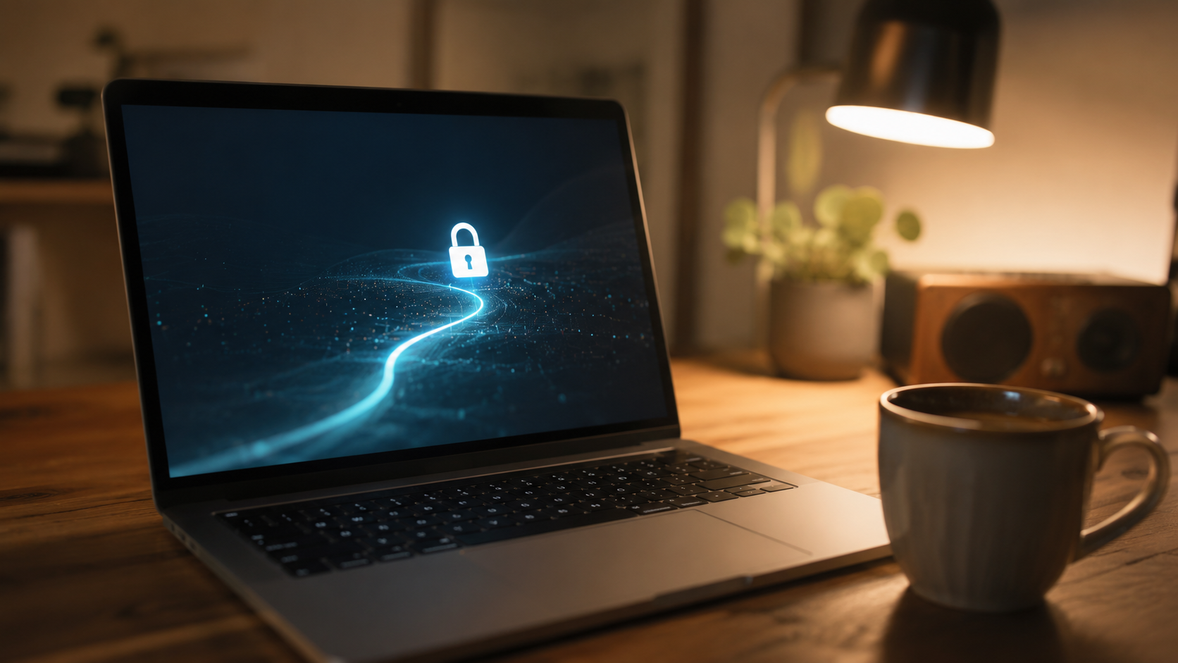 Un ordinateur portable affichant un indicateur de connexion VPN abstrait avec un cadenas lumineux, sur un bureau