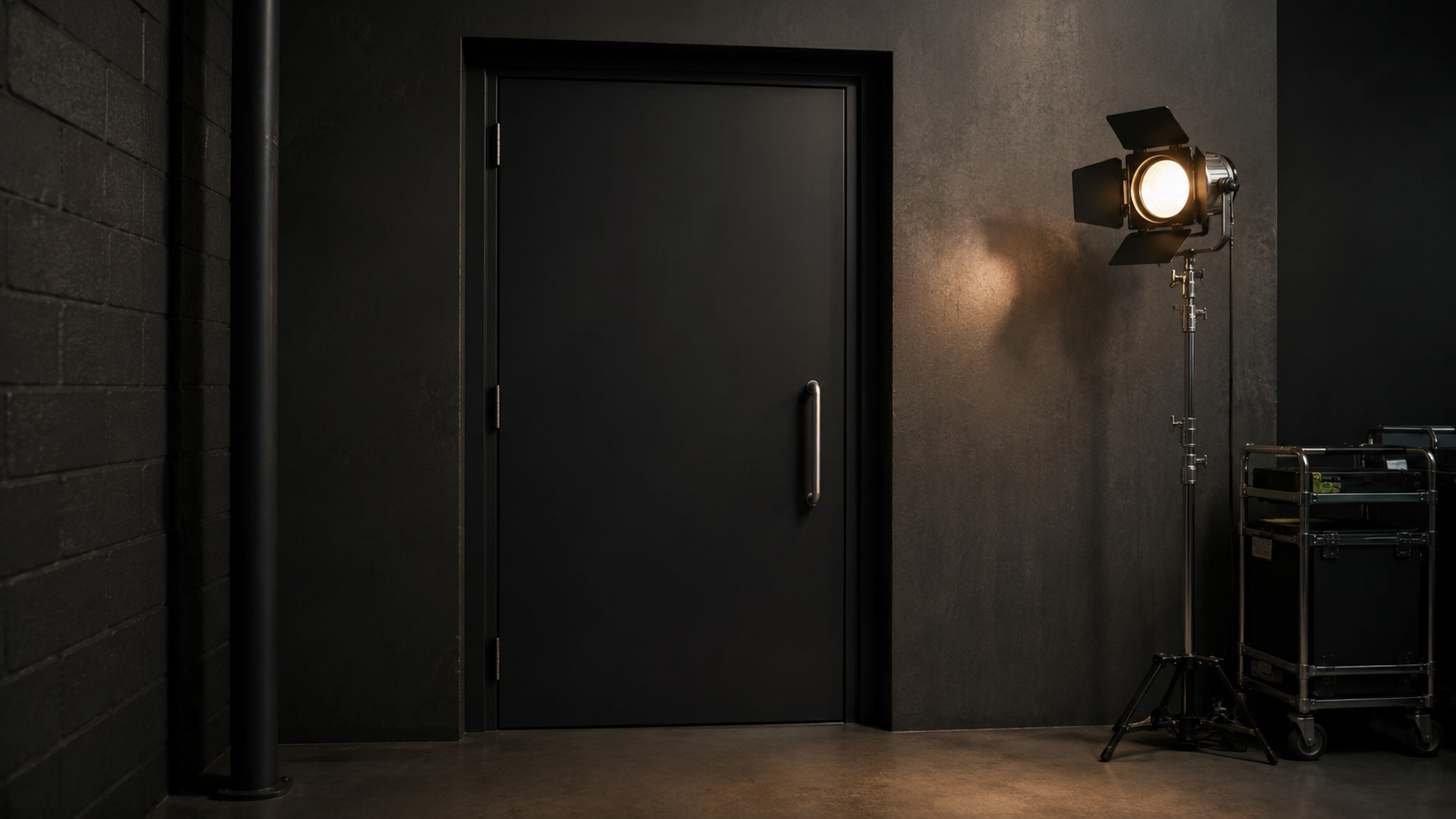 Une porte de plateau de tournage fermée avec une lampe de signalisation allumée à côté