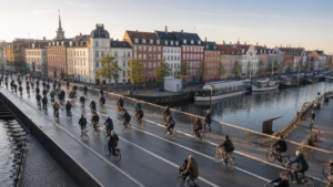 Une large rue de Copenhague saturée de cyclistes traversant un pont au-dessus d'un canal, le matin