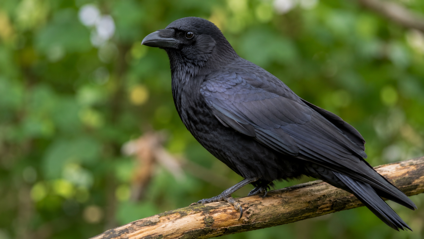 Gros plan naturaliste d'un corvidé noir perché sur une branche, œil vif et plumage lustré.